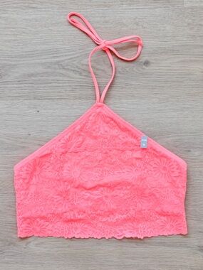PINK Victoria's Secret Neon Lace Halter Bralette Crop Top M Unlined NWOT